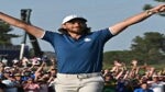Europe’s English golfer, Tommy Fleetwood celebrates the winning putt on the 17th green during his singles match against US golfer, Rickie Fowler on the final day of play in the 44th Ryder Cup at the Marco Simone Golf and Country Club in Rome on October 1, 2023.